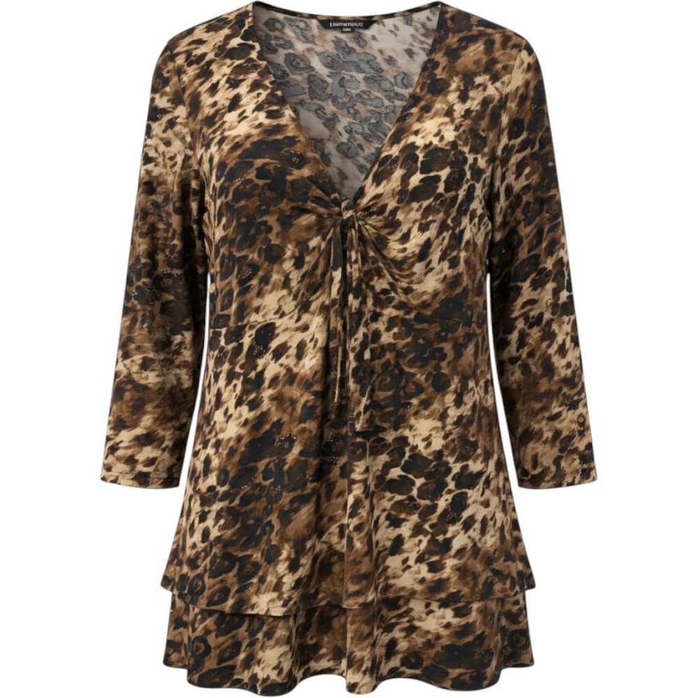 478 Animal Print I.N. Studio Tunic Top 2X Brown Leopard Glitter Tiered Hem